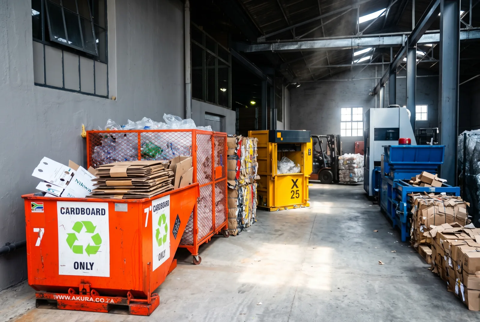 Dakenzie recycling warehouse with cardboard bins and X25 baler